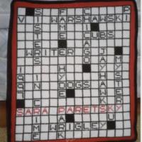 Photograph of Sara Paretsky&#039;s Crossword Pillow, 1997.